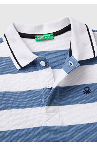 United Colors of Benetton Erkek Çocuk Mavi Mix Çizgili Logo İşlemeli Polo T-Shirt