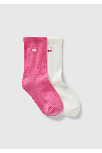 United Colors of Benetton Комплект от 2 дълги чорапи с бродирано лого в розов...