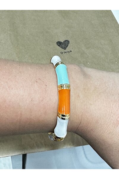 Darya Dd504 Vintage Orange & Turquoise Bamboo Patterned Gold Cuff Bracelet