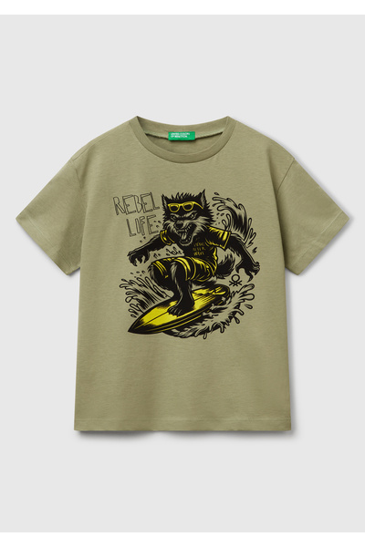 United Colors of Benetton Момчешка каки тениска с къс ръкав и графичен принт