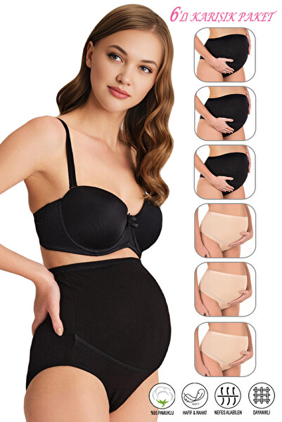 ÖZKAN underwear Özkan 23582 6 Pack Women's 3 Black 3 Skin Color Cotton Lycra Single Jersey Pregnant Maternity High Waist Bat