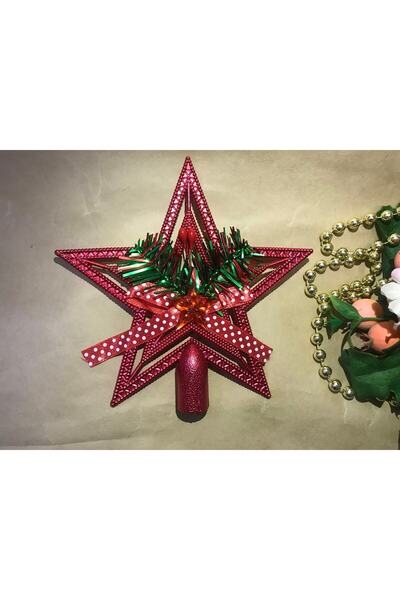 Deniz Party Store Yılbaşı Çam Ağacı Kırmızı Renk Yıldız Tepelik Fiyonklu 1 Adet 15 Cm Plastik