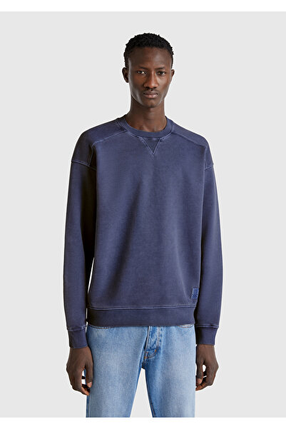 United Colors of Benetton Erkek İndigo Pamuklu Logo Etiketi Detaylı Bisiklet Yaka Sweatshirt