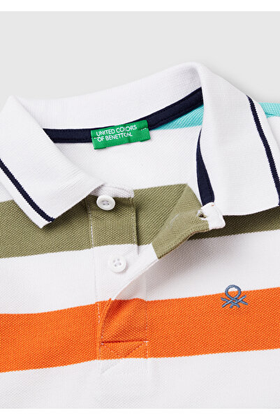 United Colors of Benetton Erkek Çocuk Turuncu Mix Çizgili Logo İşlemeli Polo T-Shirt