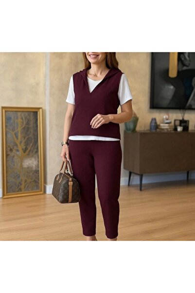 ARONA Women's Short Sleeve V Neck Hooded Viscose Two Thread Blouse and Pants Set