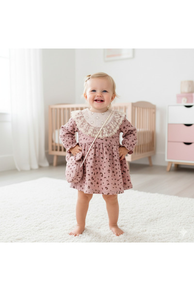 cskticaret Leopar Desenli Çantalı Anne Kız Bebek Elbise Takımı