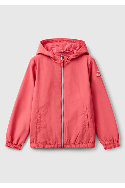 United Colors of Benetton Girl's Fuchsia Glitter Logo Detailed Hooded Raincoat