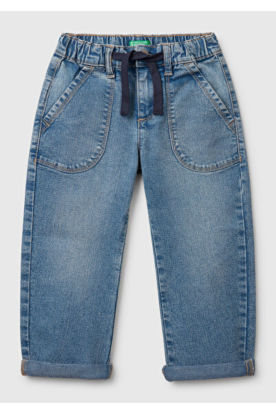 United Colors of Benetton Boy's Light Denim Waist Drawstring Patch Pocket Denim Carrot Pants