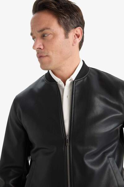 DeFacto Slim Fit Kolej Yaka Bomber Astarlı Suni Deri Mont