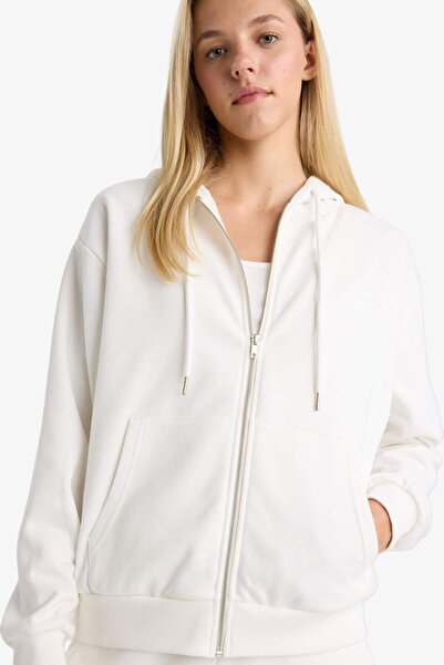 DeFacto Relax Fit Hooded Pocket Basic Plain Zippered Sweatshirt C1809Ax24Wn