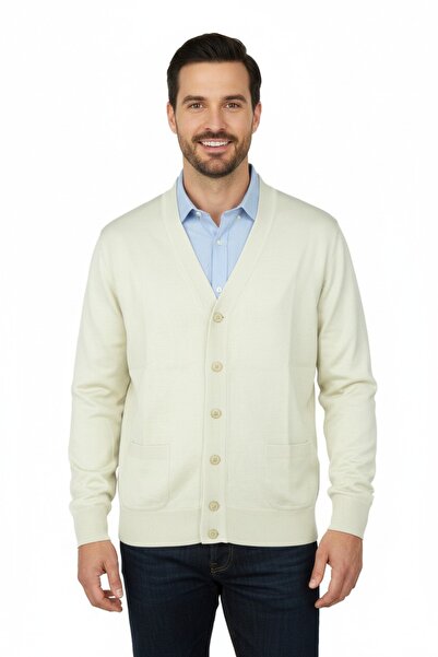 Oppland Men's Cardigan Woolen Woven V-Neck Buttoned Double Pocket Classic Model Comfortable Cut Full Fit