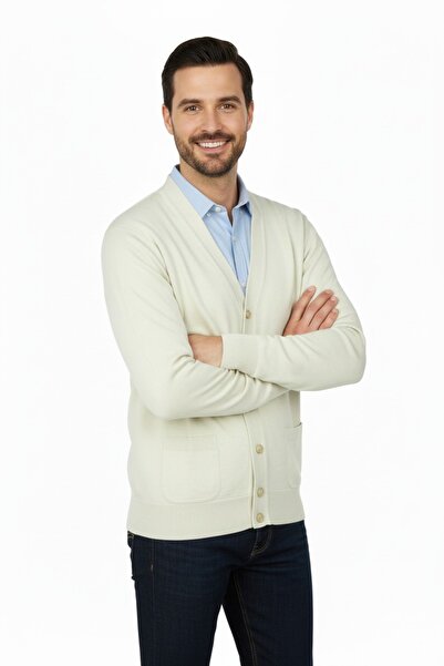 Oppland Men's Cardigan Woolen Woven V-Neck Buttoned Double Pocket Classic Model Comfortable Cut Full Fit