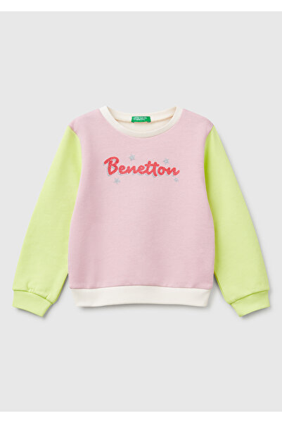 United Colors of Benetton Суитшърт с кръгло деколте и лого на Benetton в розово и брокат