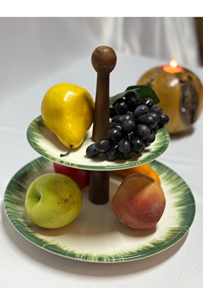 Aless 2-Ply Green Detailed Round Wooden Handle Ceramic Presentation Bowl Snack Bowl Fruit Bowl