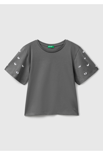 United Colors of Benetton Тениска за момиче с антрацитни камъни и детайлни ръ...