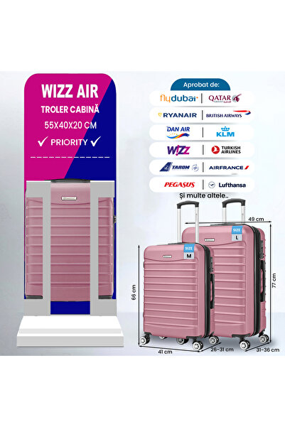 Quasar & Co. Set 3 trolere,S/M/L,Model Line, 4 roti maner telescopic, cifru, ABS, Roz pudrat