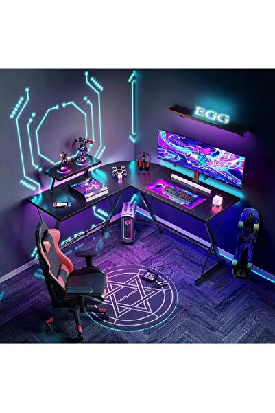 EGG L-Shaped Gaming Table, Home Gaming Desk, Writing Workstation, Black 130x50x74cm
