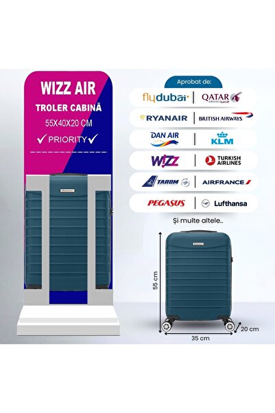 Quasar & Co. Set 2 Trolere Cabina 40x30x20cm roti detasabile/55x36x20cm,bagaj de mana,troller albastru petrol