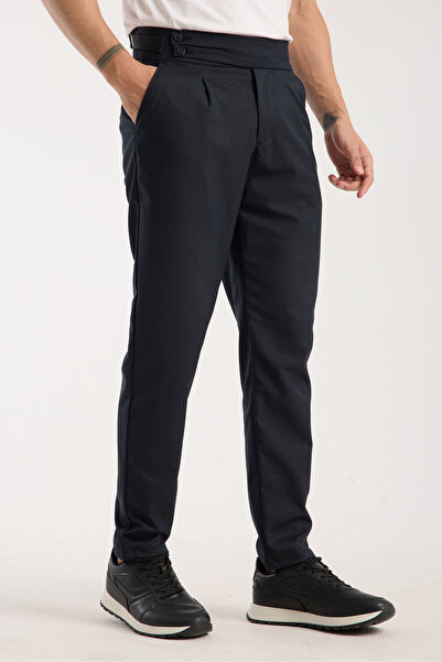 muzzo jeans High Waist Pleated Dark Navy Blue Fabric Trousers