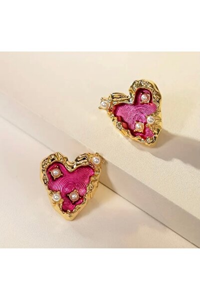 Accessories أقراط فانيليا أفينيو الوردية على شكل قلب مع حافة صفراء ذهبية متدلية للنساء