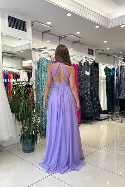 PER LEI Lila Önü Piliseli Düğüm Detaylı Sırt Dekolteli Uzun Tül Abiye Elbise