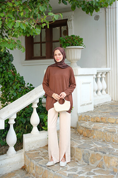 LOCCO Дамски велосипеден пуловер с голям яка, кафяв