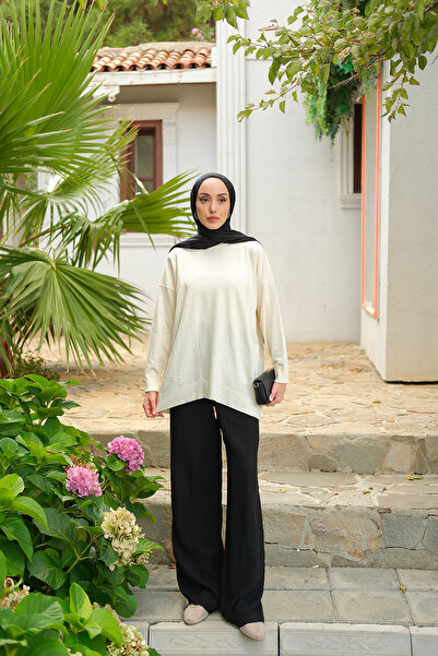 LOCCO Pulover de damă cu guler rotund oversize, bej