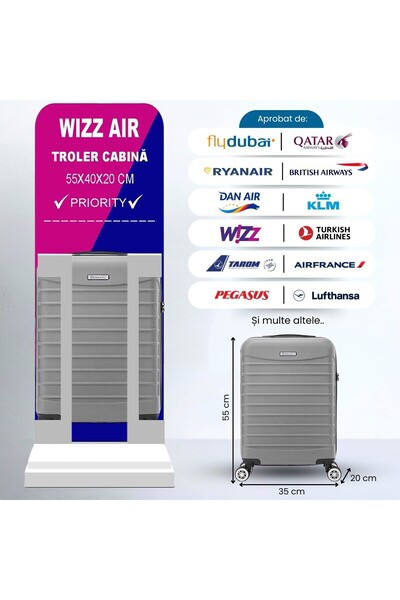 Quasar & Co. Set 2 Trolere Cabina 40x30x20cm roti detasabile si 55x36x20cm,bagaj de mana,troller ABS,Argintiu