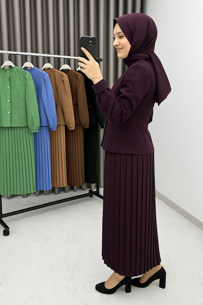 racel fashion Şık Ve Trend Kadınların Favorisi Keten Yan Demirli Kuşaklı Plise Etekli 2'li Mor Takım