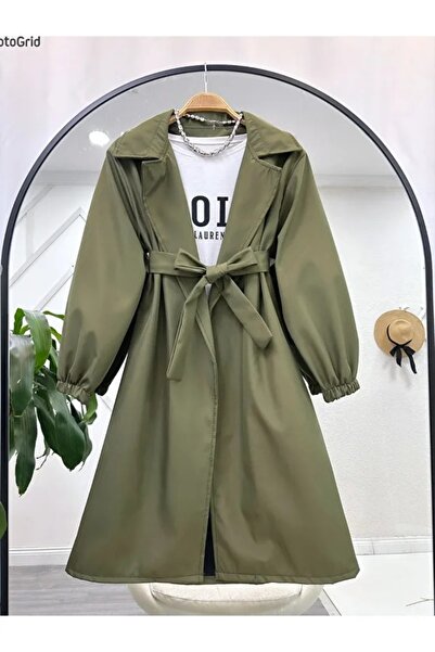 MY QILAM 10 NUMARA MODA Kadın Belden Bağlamalı haki Balon Kol Trenç standart beden (38/44 arasi)