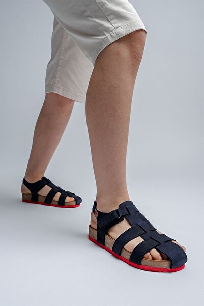 mnpc Unisex Children's Navy Blue Genuine Leather Cork Sole Daily Children's Sandals