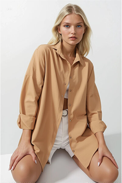 hazelin Γυναικείο μακρύ βασικό πουκάμισο Camel Oversize HZL22W-BD139001