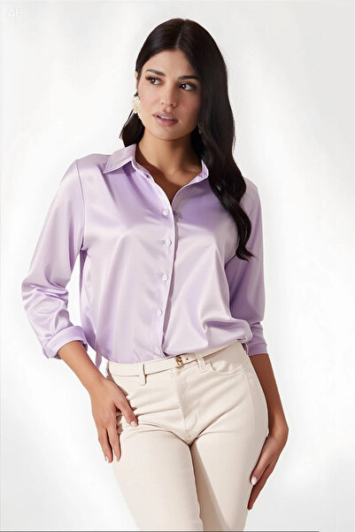 hazelin Women's Light Lilac Light Flowy Satin Surface Shirt Hzl22W-Bd139641