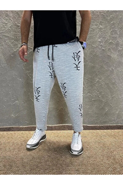 hazelin Ανδρικό γκρι ιαπωνικό στάμπα με κορδόνι μέσης ίσιο παντελόνι Φούτερ HZL24S-MXC8948-193