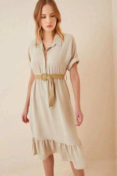 hazelin Women's Mink Shirt Collar Buttoned Straw Belted Ayrobin Dress Hzl22S-Bd122921