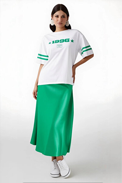 hazelin Green SatinMidiSkirt - Elastic Waist, Surface Hzl23s-bd 1101471