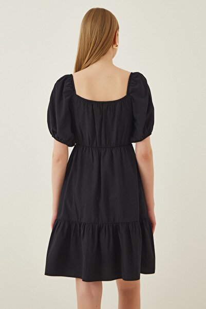 hazelin Γυναικείο μαύρο φόρεμα από ποπλίνα με ελαστική μέση με κορδόνι HZL22S-BD123511