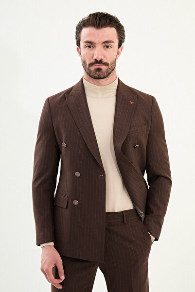 Mcr Striped Slim Fit Wide Collar Double Breasted Metal Button Men's Suit Coffee - 45408.25K