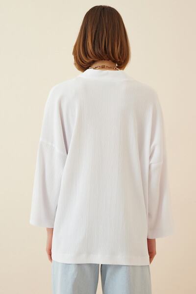 hazelin Γυναικείο λευκό εποχικό μπουφάν με ανοιχτό μπροστινό μέρος και υφή με στρώσεις στο λαιμό HZL22S-BD158621