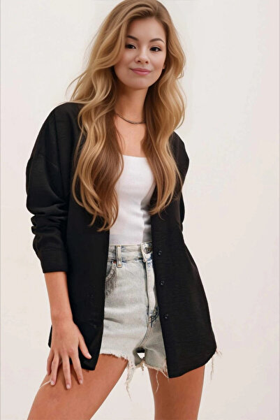 hazelin Black Linen Oversize Shirt - Single Pocket, HZL24S-BD1201531