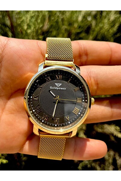 Gold Power Hasır Mıknatıslı  Kordon Lüks Gold Renk içi Siyah Romen Rakamlı Kadın Kol Saati