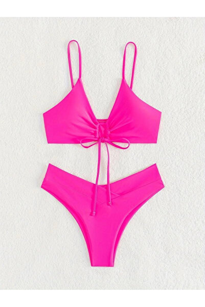 hazelin Kadın Neon Pembe İp Detaylı Astarlı V Kesim Üçgen Bikini Takım HZL24S-LC2234