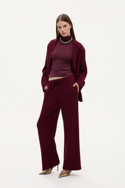 Quzu Soft Textured Wide Leg Trousers with Stitching Detail Cherry
