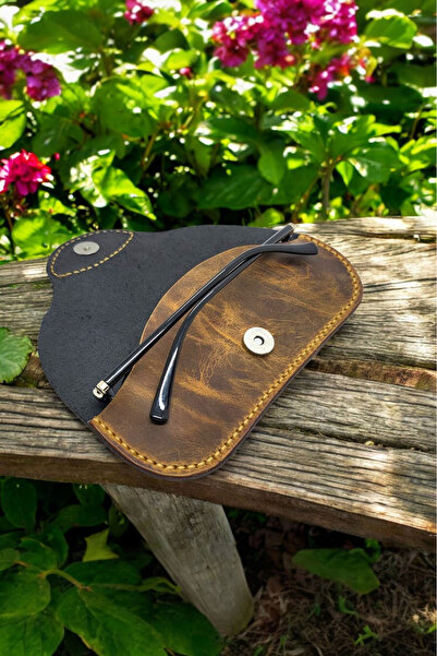 Leather Cy Vista Siyah Camel Hakiki Deri Unisex Gözlük Kabı