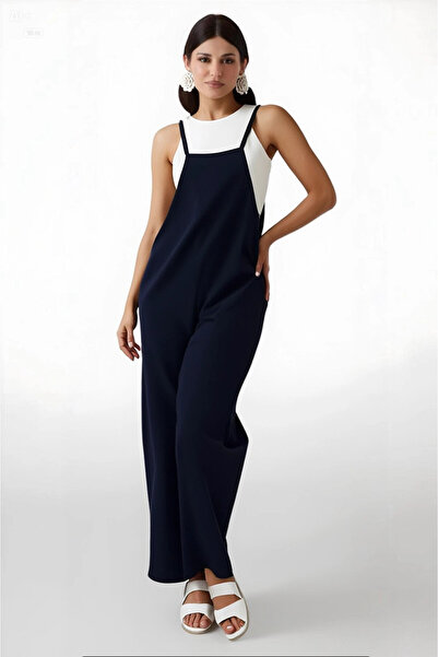 hazelin Women's Navy Blue Adjustable Strap Pocketed Wide Leg Gardener Overalls Hzl22S-Bd170191