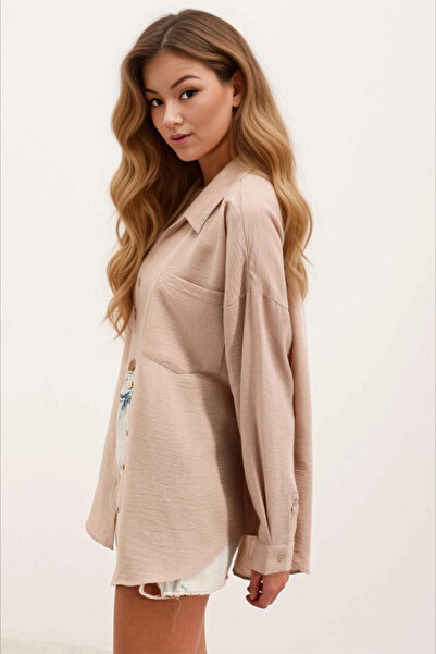 hazelin Γυναικείο λινό πουκάμισο Oversize - με μία τσέπη, χρώμα μπισκότου HZL24S-BD1201531