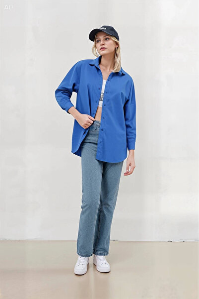 hazelin Cămașă de bază lungă, albastră, supradimensionată pentru femei HZL22W-BD139001