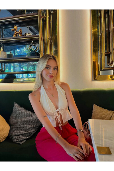 hazelin Λευκή λινή μπλούζα - λαιμόκοψη, ανοιχτή πλάτη, HZL24S-ZK11081