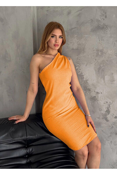 hazelin Γυναικείο πορτοκαλί λινό φόρεμα ώμου Μίνι εισαγόμενο λινό φόρεμα HZL24S-FRY 121791