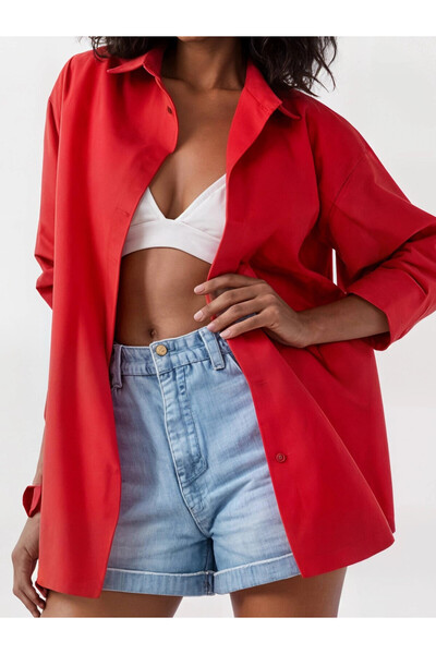 hazelin Kadın Kırmızı Oversize Uzun Basic Gömlek HZL22W-BD139001